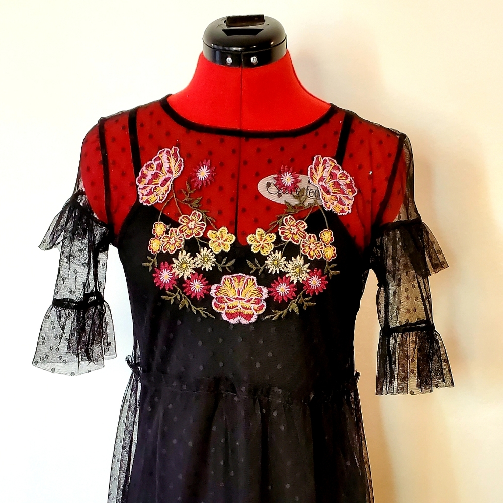 Embroidered Slip Dress w/Chiffon Pindot Overlay